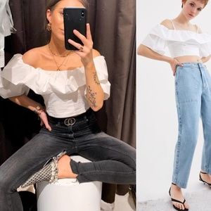 ZARA WHITE POPLIN OFF THE SHOULDER RUFFLE TIERED SMOCKED BACK CROP TOP